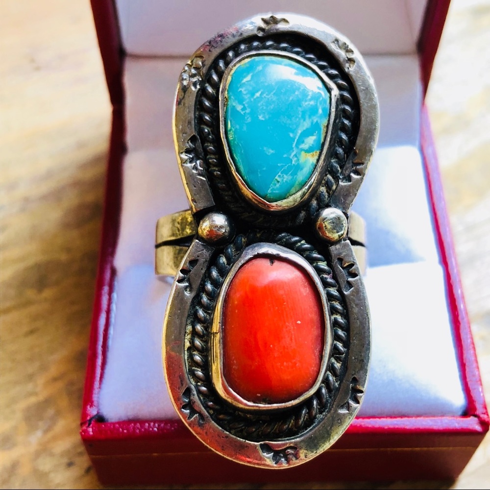 Old Navajo Coral Turquoise Heavy Sterling Ring 11